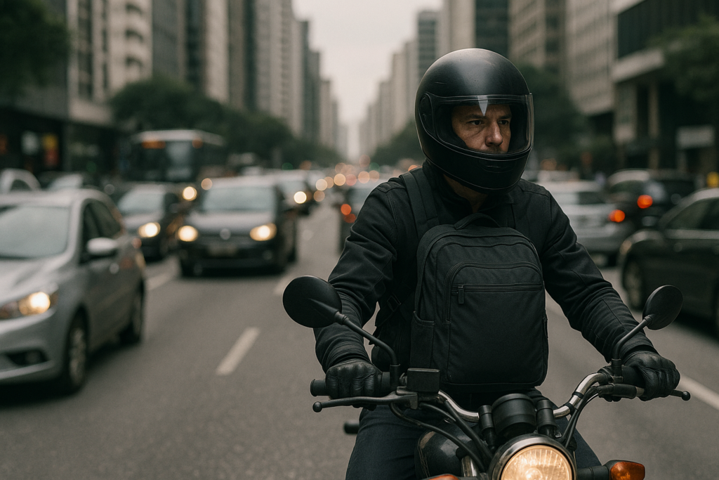 Motociclista em um trânsito movimentado parado em sua moto, com uma mochila na parte da frente do corpo.